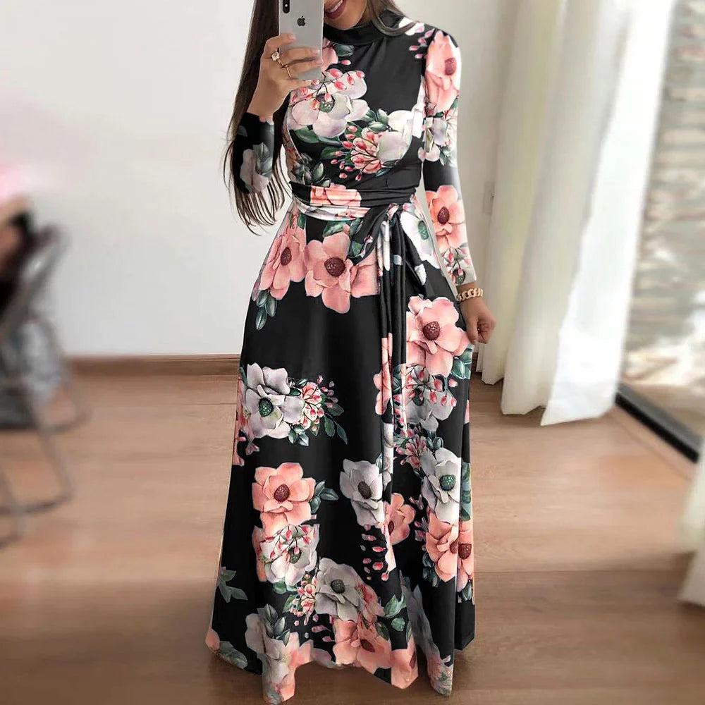 Women's Digital Floral Print Casual Party Long Maxi Dress with Belt