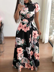 Women's Digital Floral Print Casual Party Long Maxi Dress with Belt