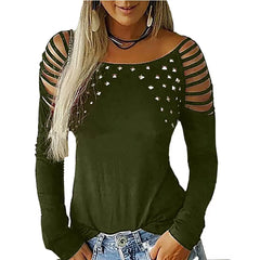 Women's Casual Hollow-out Studded Long Sleeve T-Shirt