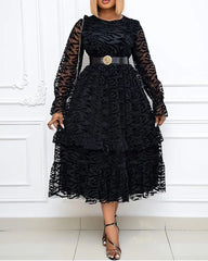 Gauze Flocked Elegant Big Skirt With Fungus Plus Size Dress Black Round Neck Pullover