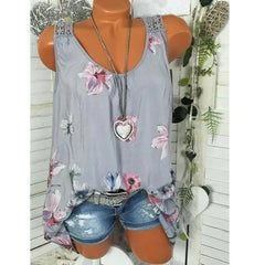 Women's Fashion - Back Hollow Lace Blouse Round Neck Floral Print Sleeveless Casual Tank Tops (S-5XL)