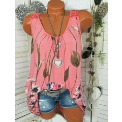 Women's Fashion - Back Hollow Lace Blouse Round Neck Floral Print Sleeveless Casual Tank Tops (S-5XL)