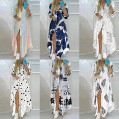 Spring Floral Single-Breasted Split Shirt Dress Long Dress