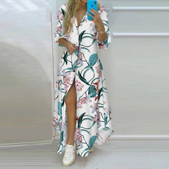 Spring Floral Single-Breasted Split Shirt Dress Long Dress