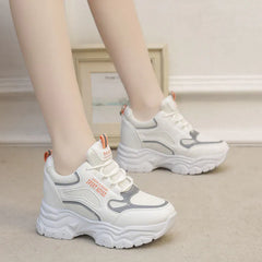 Chunky Sneakers for Women, Spring Casual Shoes with Hidden Wedge Heels and Increased Height, White