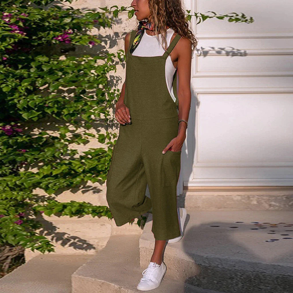 Color Linen Casual Loose Wide Leg Jumpsuit Overalls Women's Pants