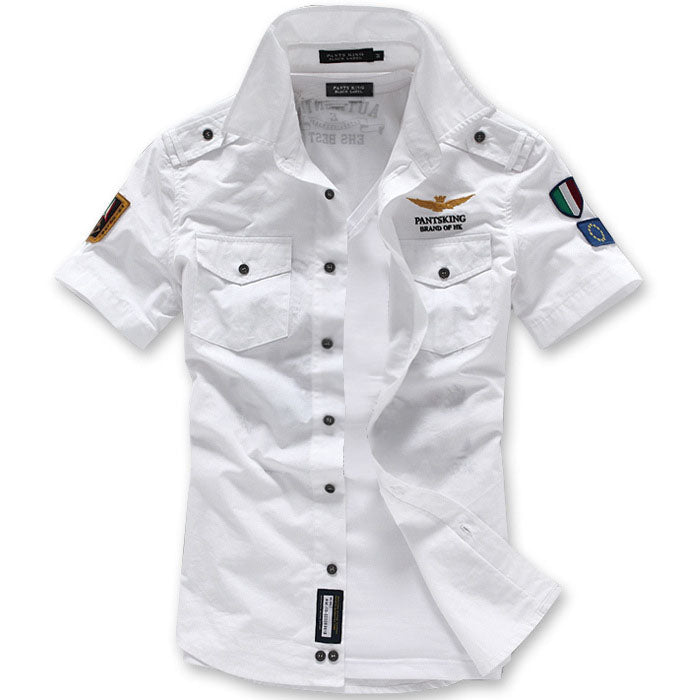 Men Casual Solid Color Thin Short Sleeve Work Shirt Military Shirt Blouses