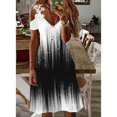 Summer Women's Clothing Print Off-the-shoulder Short Sleeve Lace Dress High Waist Mid-length Skirt V-neck Big Pendulum