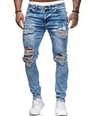 HUNGSON Men's Stretchy Ripped Skinny Biker Jeans Taped Slim Fit Denim Pants