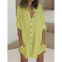 Casual Loose Plain 3/4-sleeve Straight Cut Single-breasted Shirt Dress