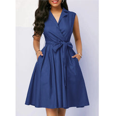 Solid Color Waist-Tie Sleeveless Turn-Down Collar Polo Neck Mid-Length Dress