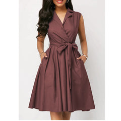 Solid Color Waist-Tie Sleeveless Turn-Down Collar Polo Neck Mid-Length Dress