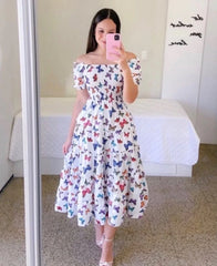 Chiffon Floral Dress with Elastic Waist and Short Sleeves