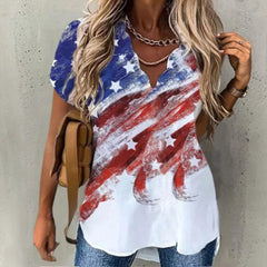 Summer Women's Temperament New Explosive Wave Collar Shirt Printed Short-sleeved Women