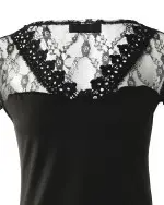 Lace Mosaic Slim Sweet Top Solid Color Commute Primer Chiffon T-shirt.