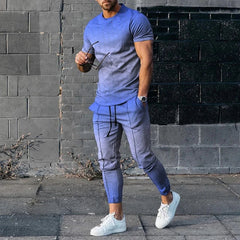 Summer Men's Casual Sports Suit 3D Printed Loose Short Sleeve Long Pants Two-piece Set