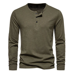 Solid Color Men's T-shirt Men's Bottoming Shirt Three-button Henley Neck Men's Long Sleeve T-shirt Top