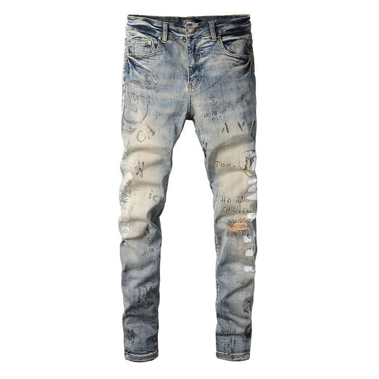 Jeans da uomo con graffiti bianchi lavati retrò alla moda di High Street 