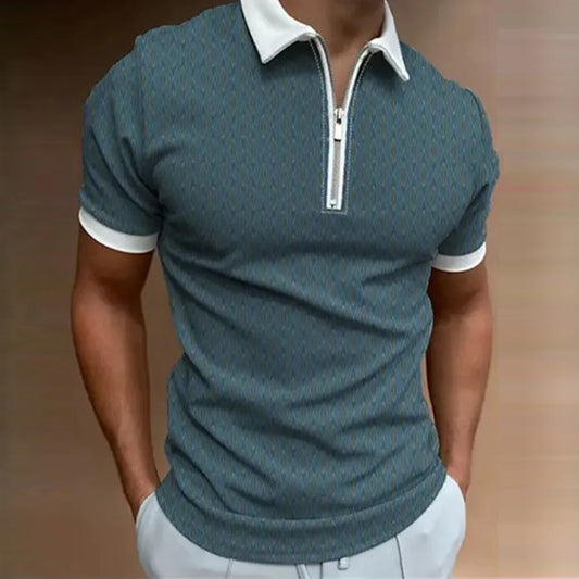 M.O.I Men's Lapel Zipper Graphic Print Casual Polo Shirt