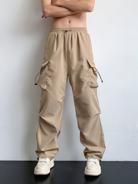 Solid Multi Flap Pockets Men's Straight Leg Cargo Pants, Loose Casual Outdoor Baggy Pants, Men's Work Pants Hiphop Style