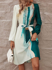 kkboxly Color Block Belted Dress, Elegant Long Sleeve Dress For Spring & Fall, Women's Clothing
