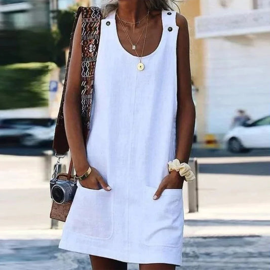 Summer Pocket Button Linen Cotton Sling Dress