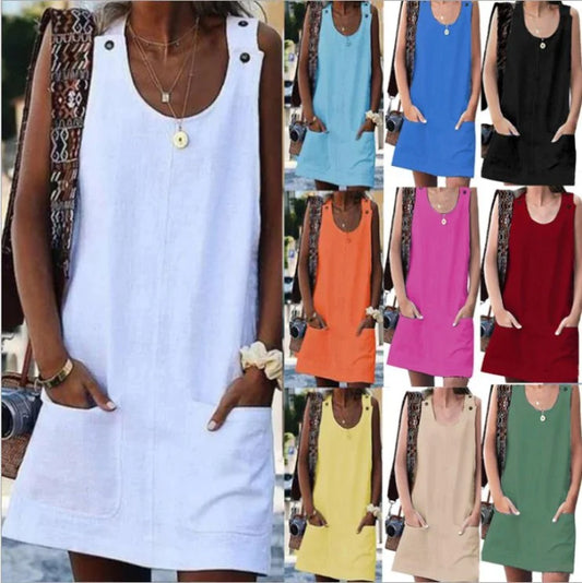 Summer Pocket Button Linen Cotton Sling Dress