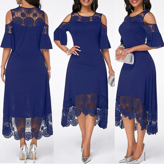 WEPBEL Women Dress Summer Plus Size Lace Floral Flower Dress Cold Shoulder Irregular Party Ladies Long Maxi Dress