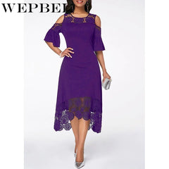 WEPBEL Women Dress Summer Plus Size Lace Floral Flower Dress Cold Shoulder Irregular Party Ladies Long Maxi Dress