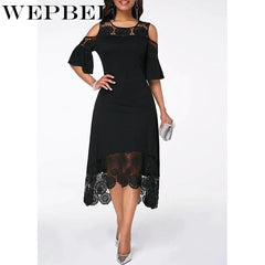 WEPBEL Women Dress Summer Plus Size Lace Floral Flower Dress Cold Shoulder Irregular Party Ladies Long Maxi Dress