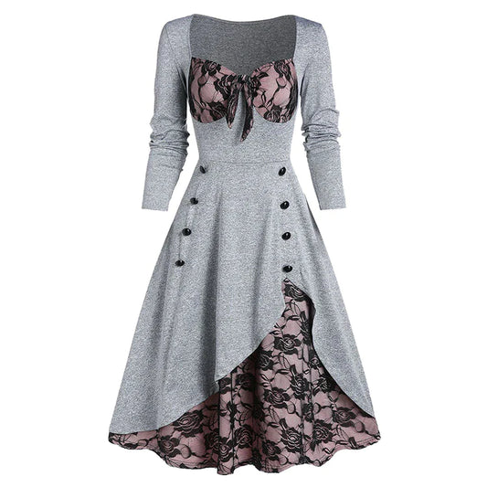 Palace Vintage Lace Color Blocks Button Long sleeve Women's Gown Women's clothing Dress