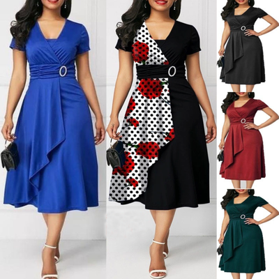 Short Sleeve Polka Dot Asymmetrical Neck Dress