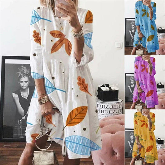 Leaves Print Dress Women Beach Boho Three Quarter Sleeve Loose Ruffled Dresses Casual O Neck Midi Dress Plus Size