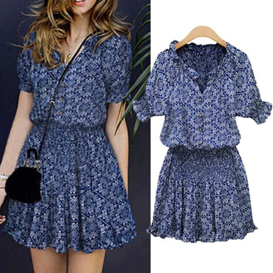 Womens Dresses Boho Floral Print  V-neck Puff Sleeve A-Line Mini Dress Ladies Beach Mini Sundress Dress Summer Feminina Vestidos