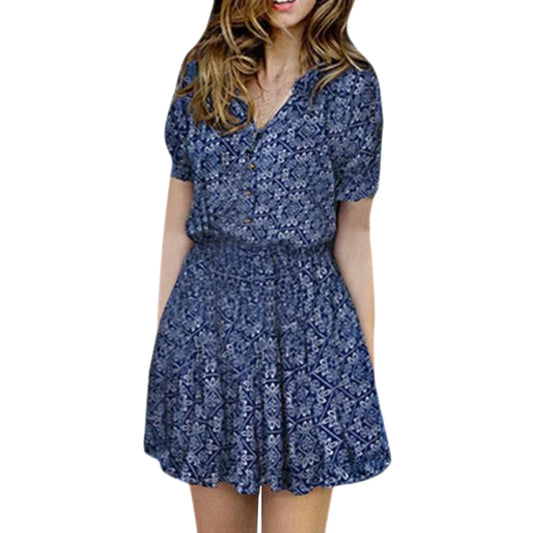 Womens Dresses Boho Floral Print  V-neck Puff Sleeve A-Line Mini Dress Ladies Beach Mini Sundress Dress Summer Feminina Vestidos