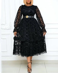 Gauze Flocked Elegant Big Skirt With Fungus Plus Size Dress Black Round Neck Pullover