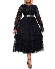 Gauze Flocked Elegant Big Skirt With Fungus Plus Size Dress Black Round Neck Pullover