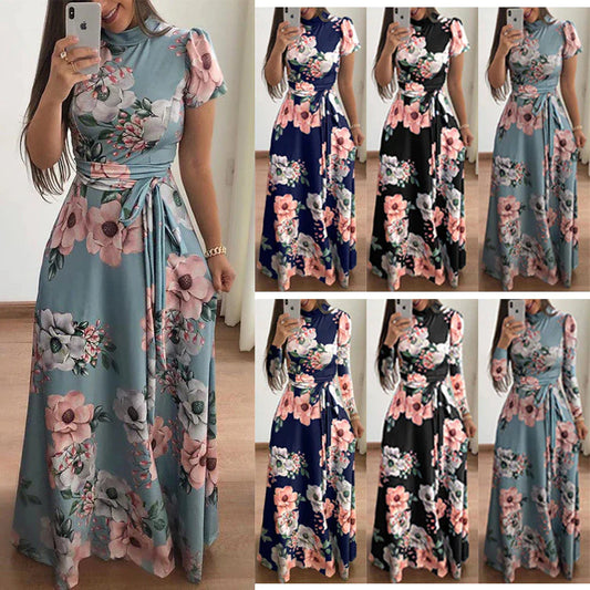 Women's Digital Floral Print Casual Party Long Maxi Dress with Belt