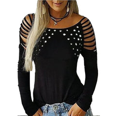 Women's Casual Hollow-out Studded Long Sleeve T-Shirt