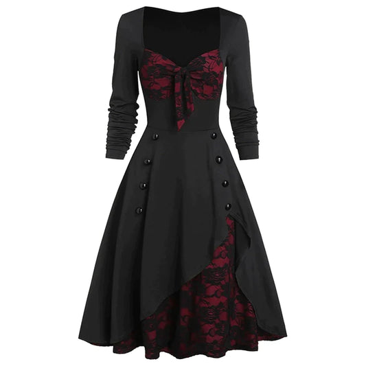 Palace Vintage Lace Color Blocks Button Long sleeve Women's Gown Women's clothing Dress