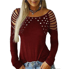 Women's Casual Hollow-out Studded Long Sleeve T-Shirt