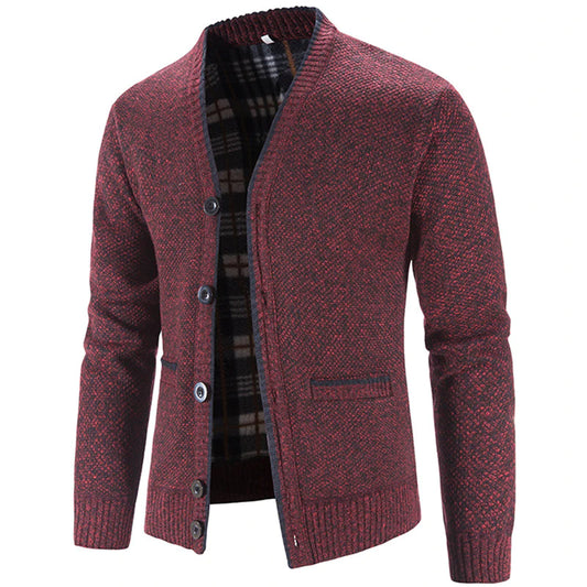 Men's V-neck thickened velvet warm buttoned knitted jacket