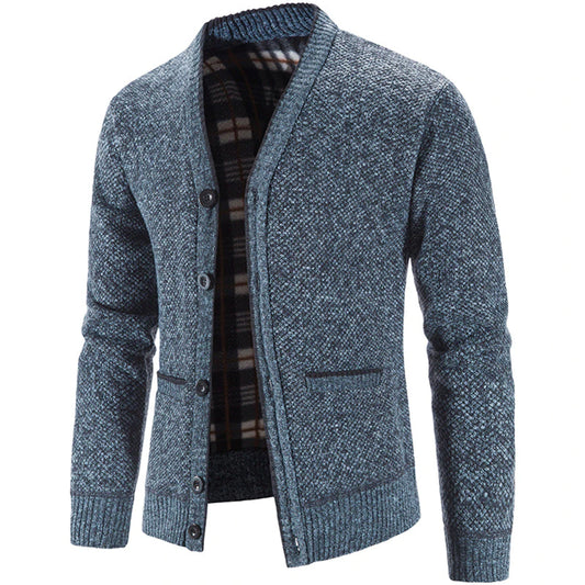 Men's V-neck thickened velvet warm buttoned knitted jacket