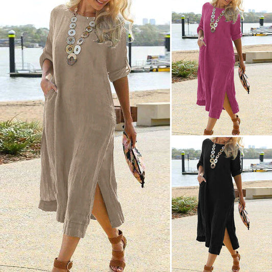 Leisure Time Retro Long Shirt Dress Length Long-sleeved Hem Split Ends Long Skirt