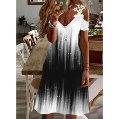 Summer Women's Clothing Print Off-the-shoulder Short Sleeve Lace Dress High Waist Mid-length Skirt V-neck Big Pendulum