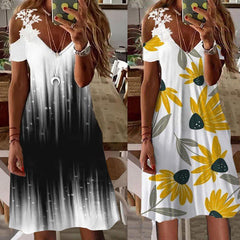 Summer Women's Clothing Print Off-the-shoulder Short Sleeve Lace Dress High Waist Mid-length Skirt V-neck Big Pendulum