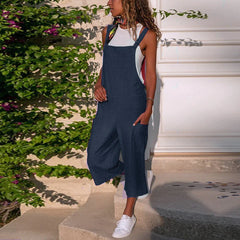 Color Linen Casual Loose Wide Leg Jumpsuit Overalls Women's Pants