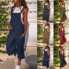 Color Linen Casual Loose Wide Leg Jumpsuit Overalls Women's Pants