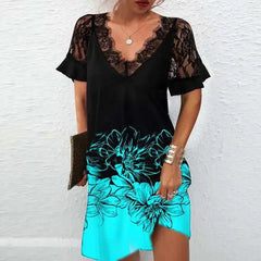 Fashion Lace Personality Print Flower Dress