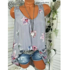 Women's Fashion - Back Hollow Lace Blouse Round Neck Floral Print Sleeveless Casual Tank Tops (S-5XL)